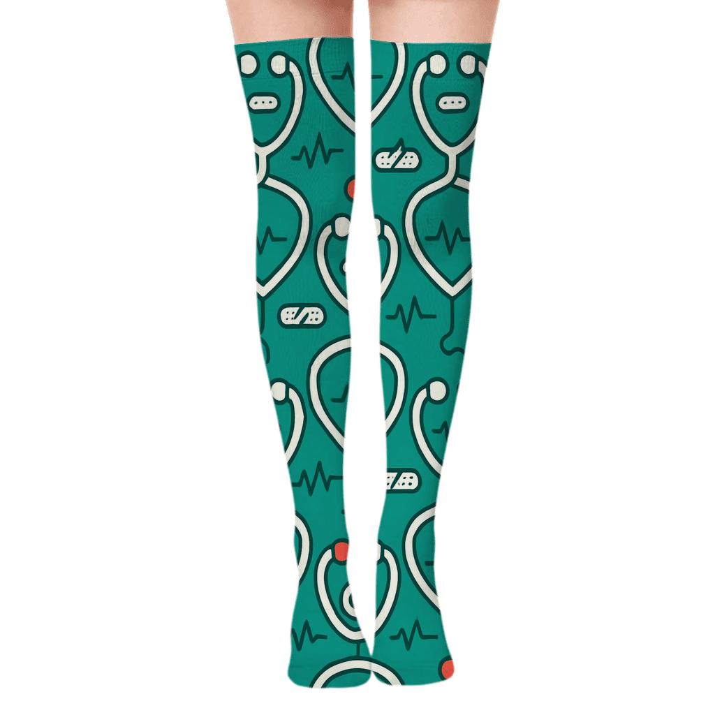 Doctor Stethoscope Lattice On Hospital Teal stylish fashion over-the-knee socks