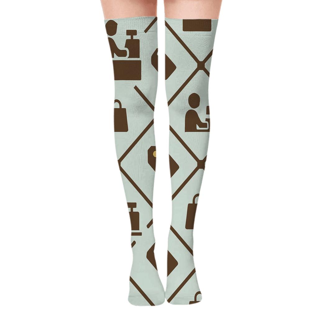 Price Tag Lattice With Cashier Silhouette designer print over-the-knee socks