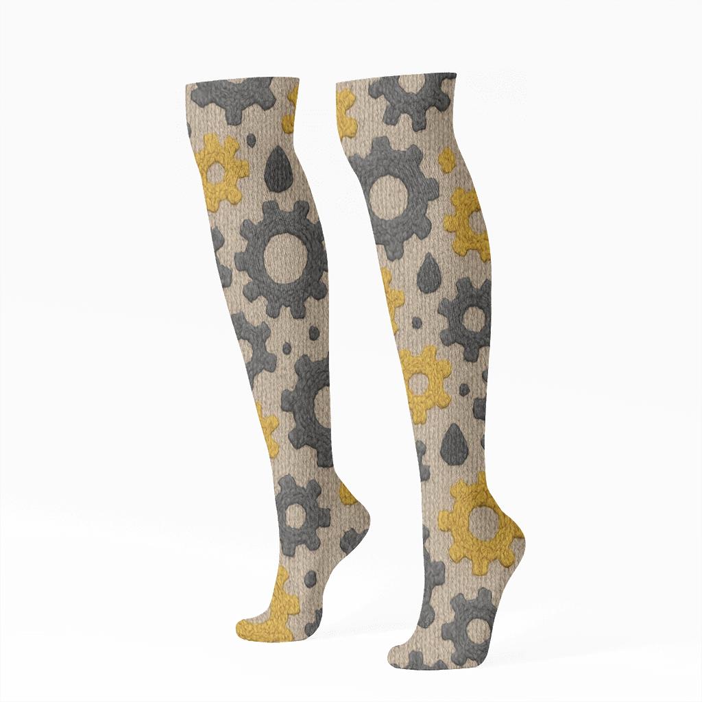 Knitted Pattern Illusion Mechanic Gear Garland stylish athletic knee-high socks