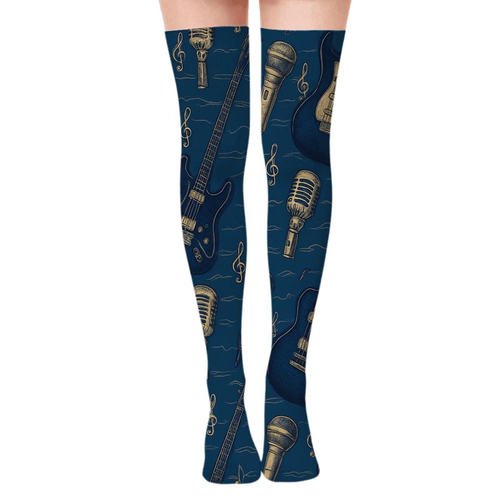 Indigo Concert Lattice Musician Pattern unique graphic over-the-knee socks