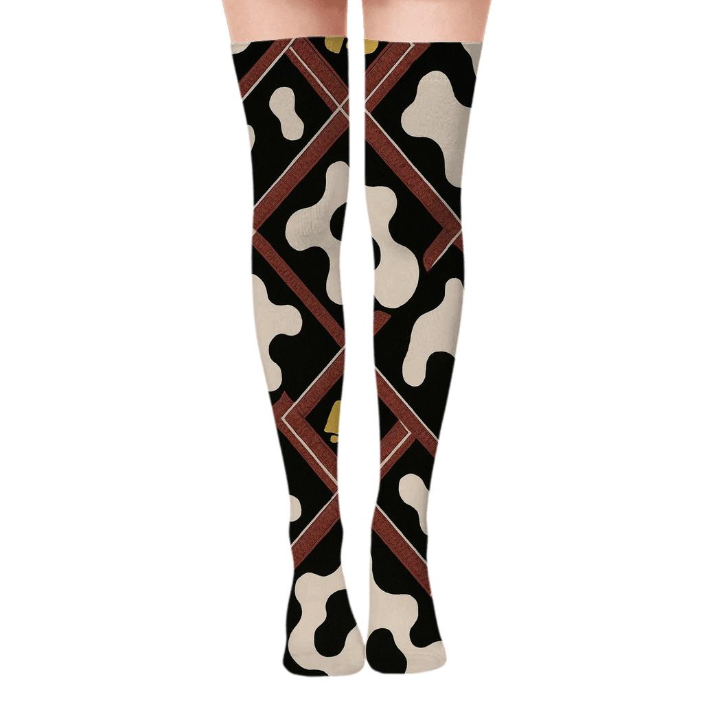 Bandana Stripe And Cowbell Lattice On Black stylish fashion over-the-knee socks