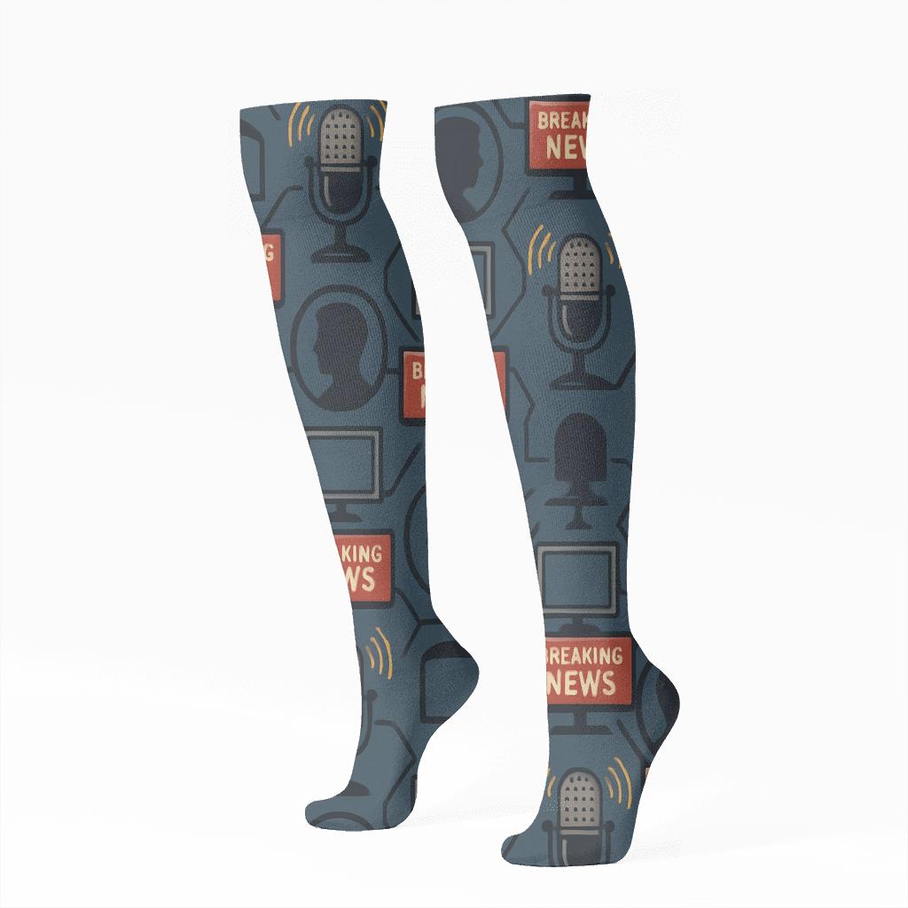 News Anchor Microphone Lattice On Navy Blue Field designer print knee-high socks
