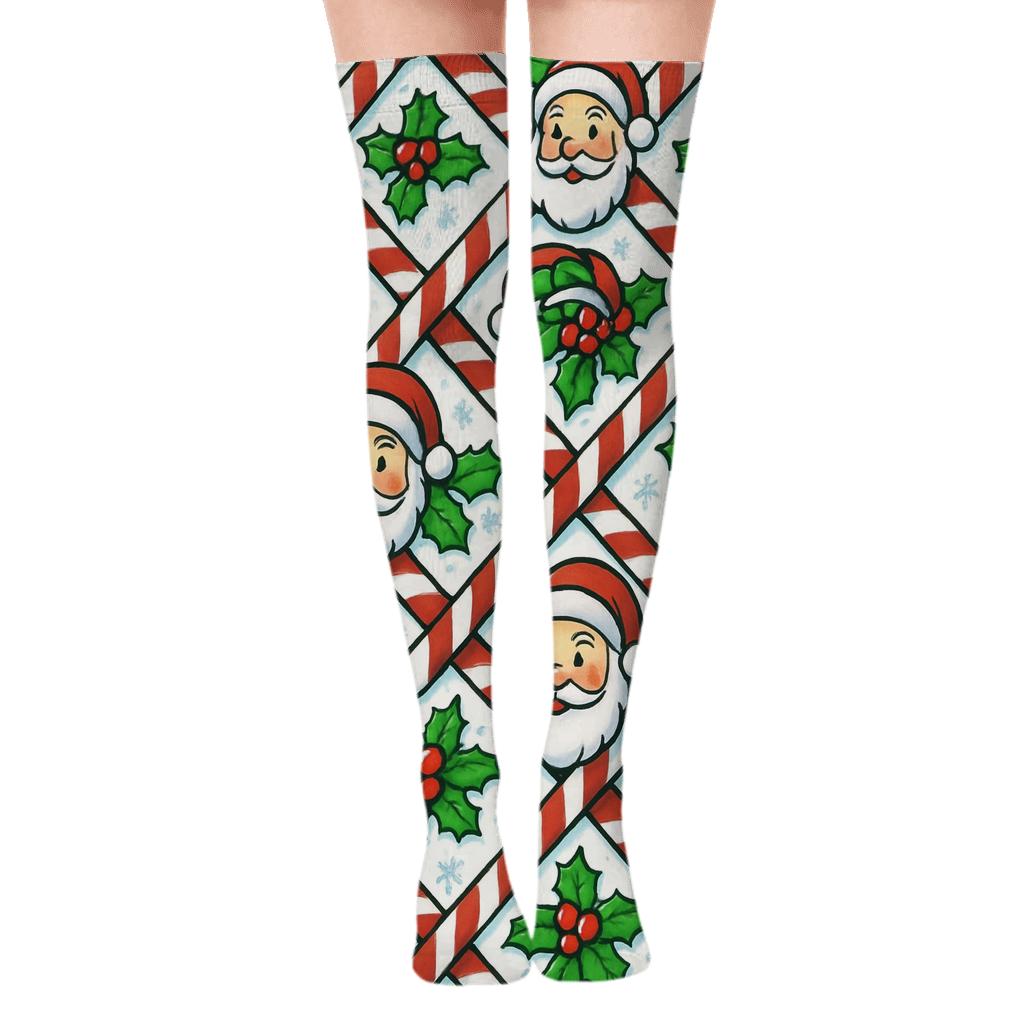 Candy Cane Lattice With Santa Claus Cameos designer print over-the-knee socks
