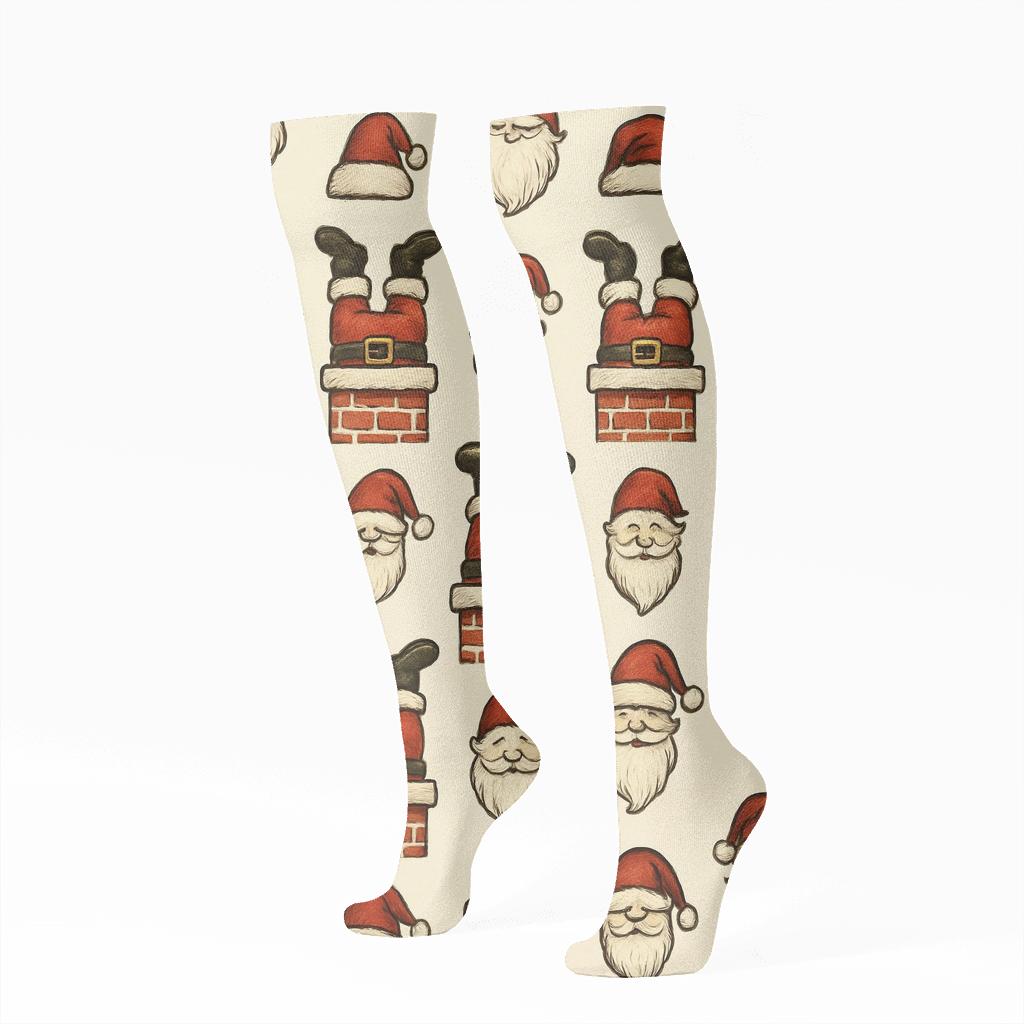 Vintage Santa Chimney Tile Grid comfortable cotton knee-high socks