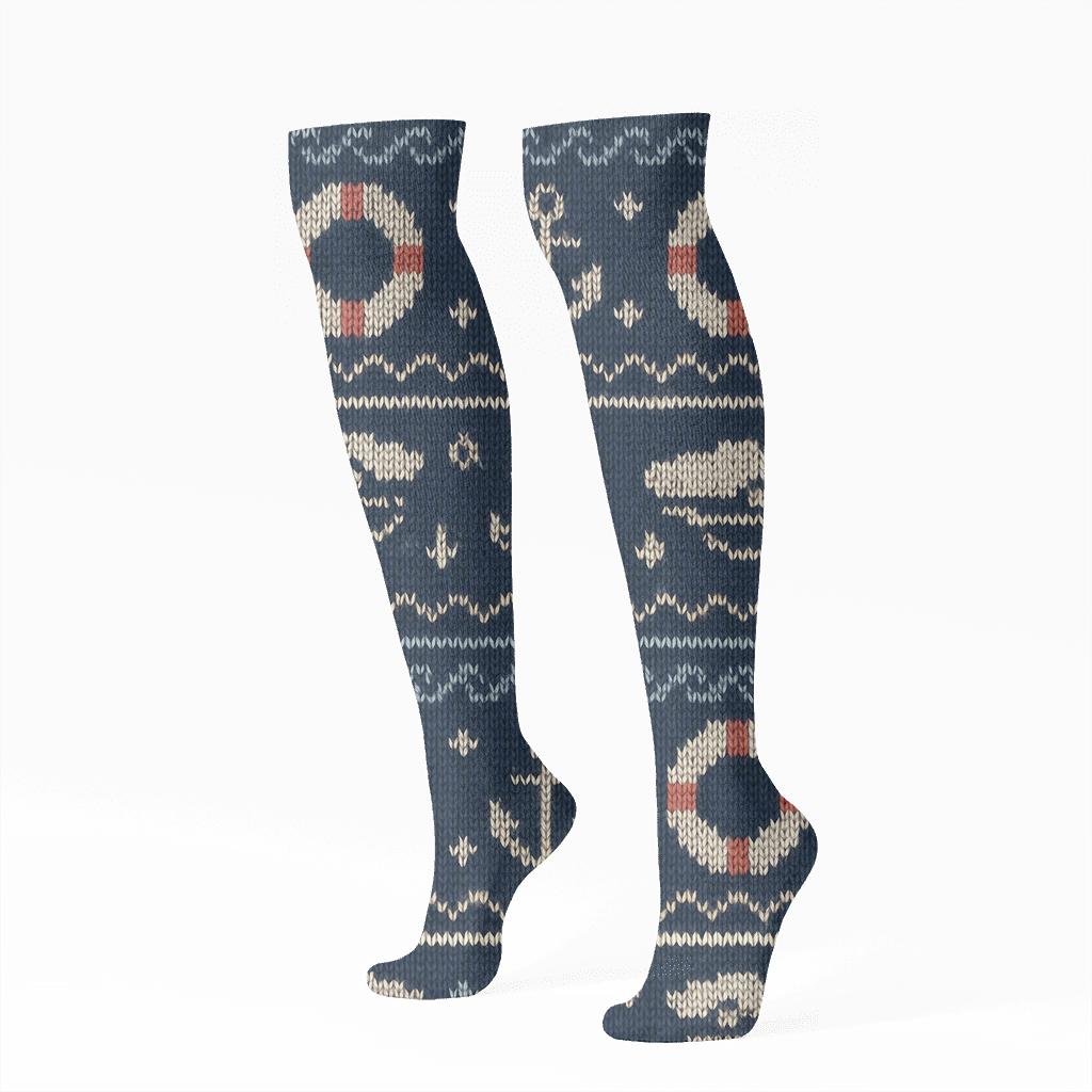 Knit Illusion Coast Guard Officer Rescue Ring Fair Isle unique graphic knee-high socks