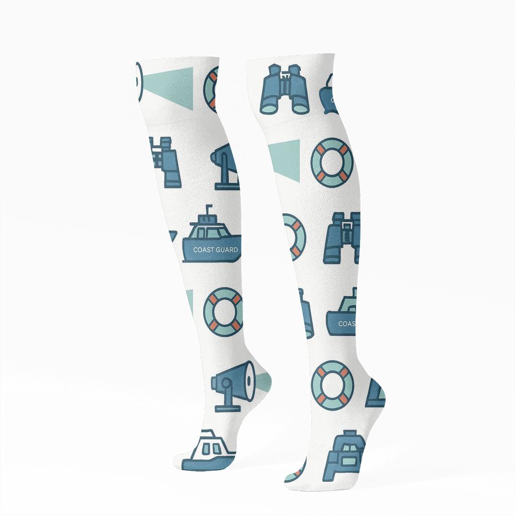 Modern Minimalist Grid With Coast Guard Officer Searchlight Icons custom knee-high socks