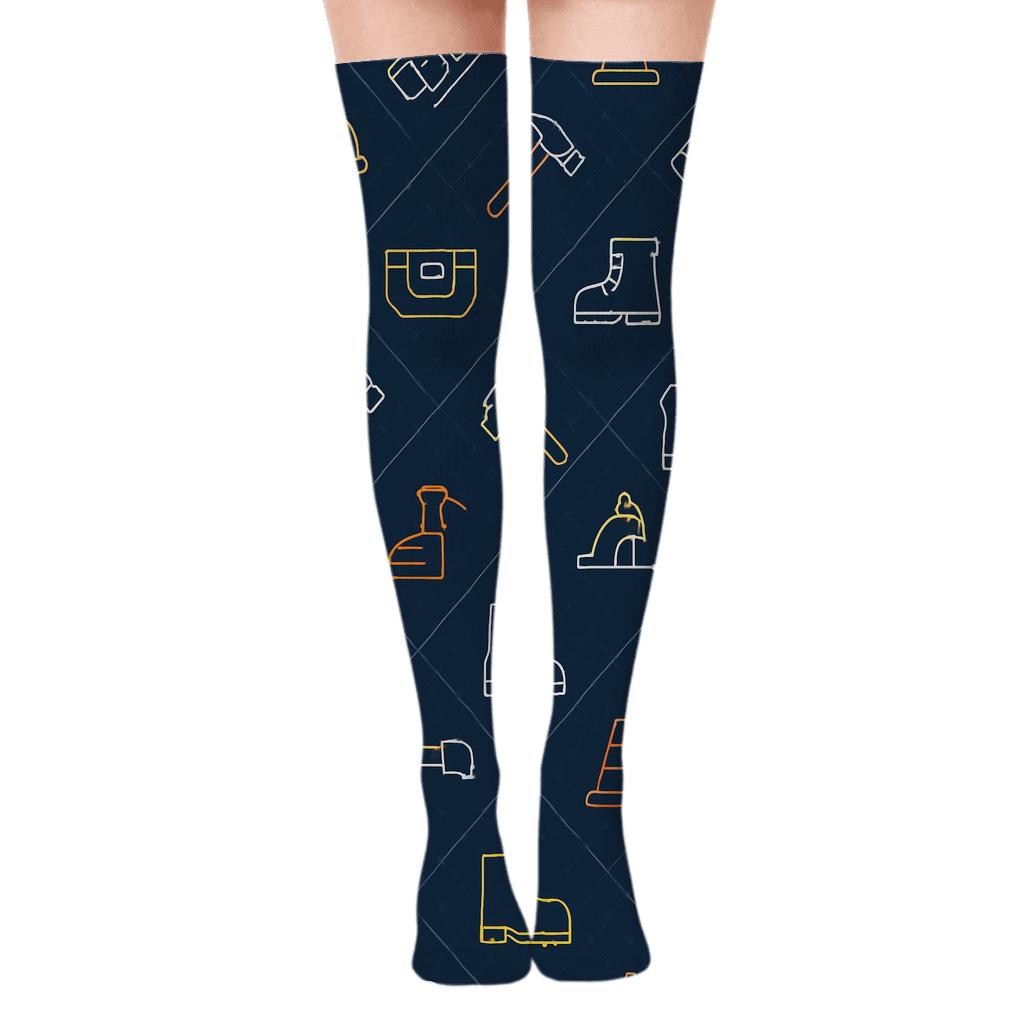 Blueprint Bandana With Construction Worker Icons trendy patterned over-the-knee socks