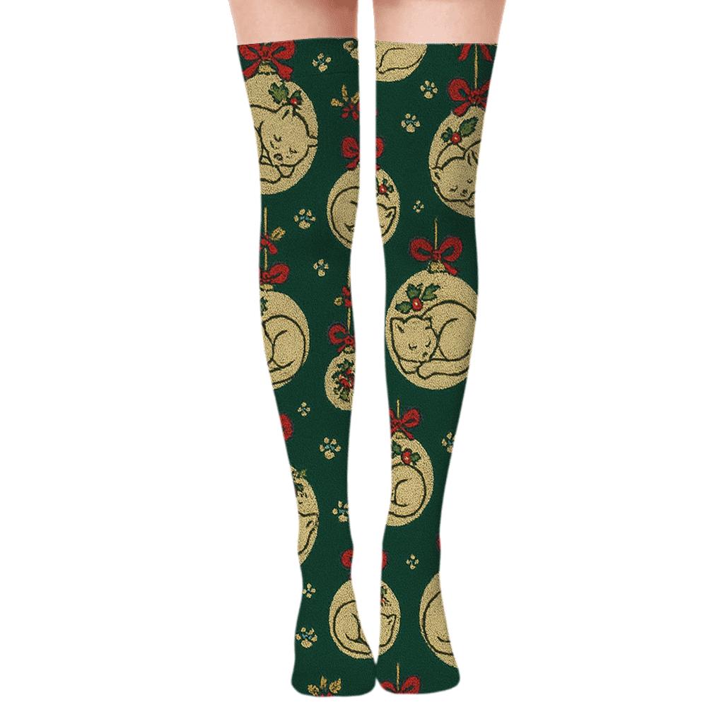 Cozy Knitted Kittens Ornament Lattice On Deep Green Background unique graphic over-the-knee socks