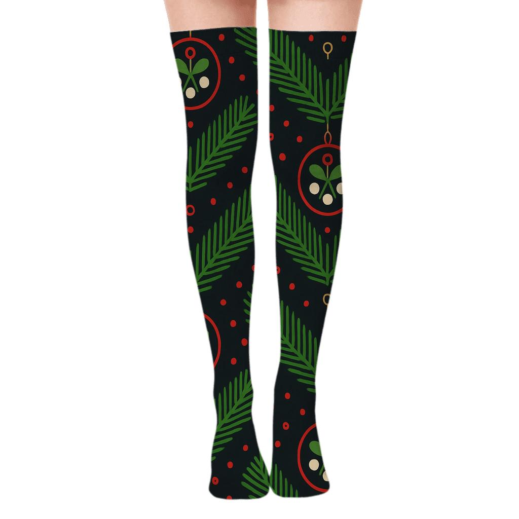 Emerald Evergreen Vine Chevron With Mistletoe Medallions On Midnight Charcoal Background soft everyday over-the-knee socks
