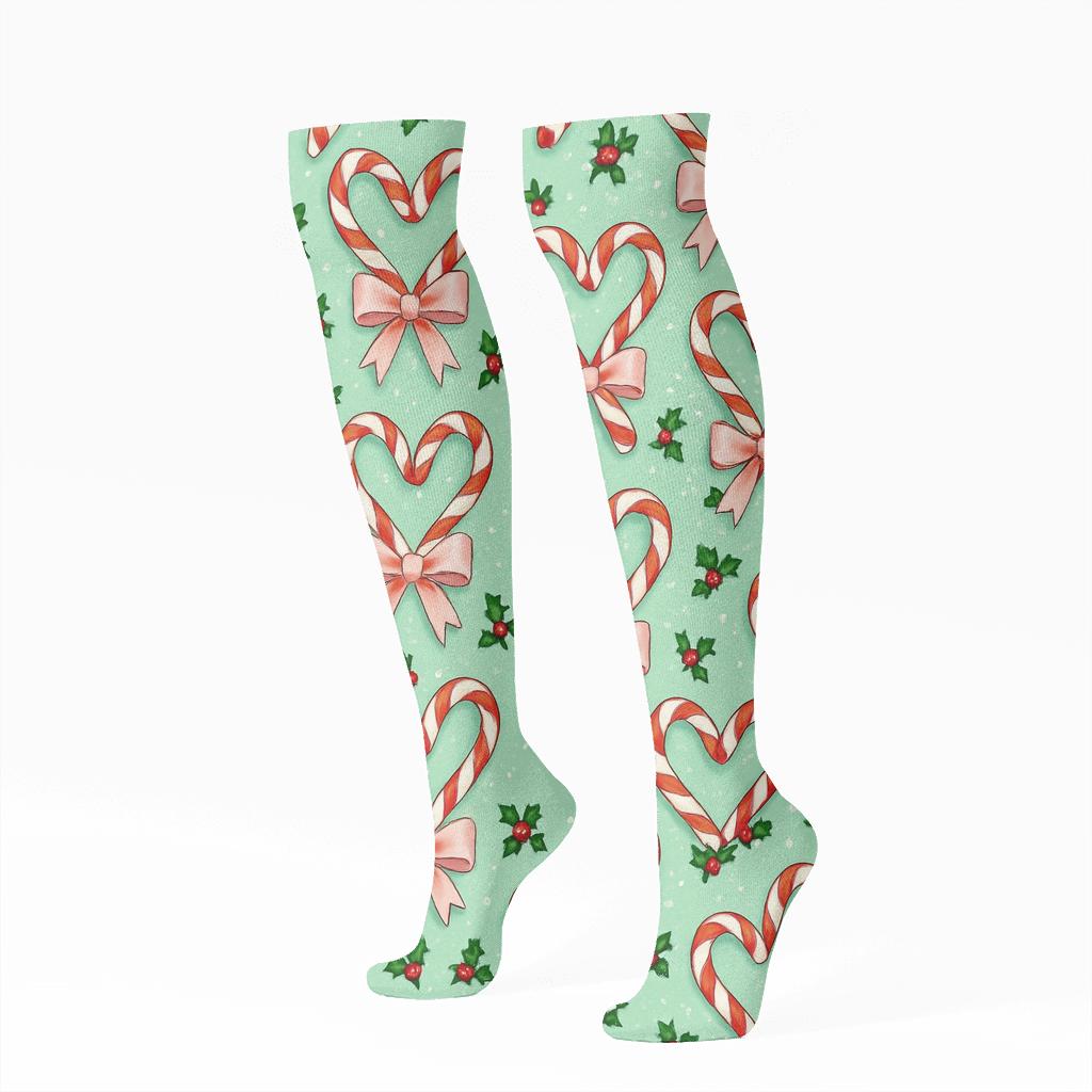 Candy Cane Hearts Pattern With Candy Canes comfortable cotton knee-high socks