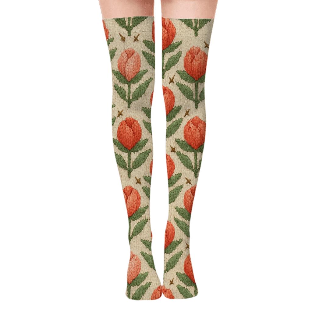 Knitted Illusion Valentines Rosebud Chevron On Cream Field custom over-the-knee socks