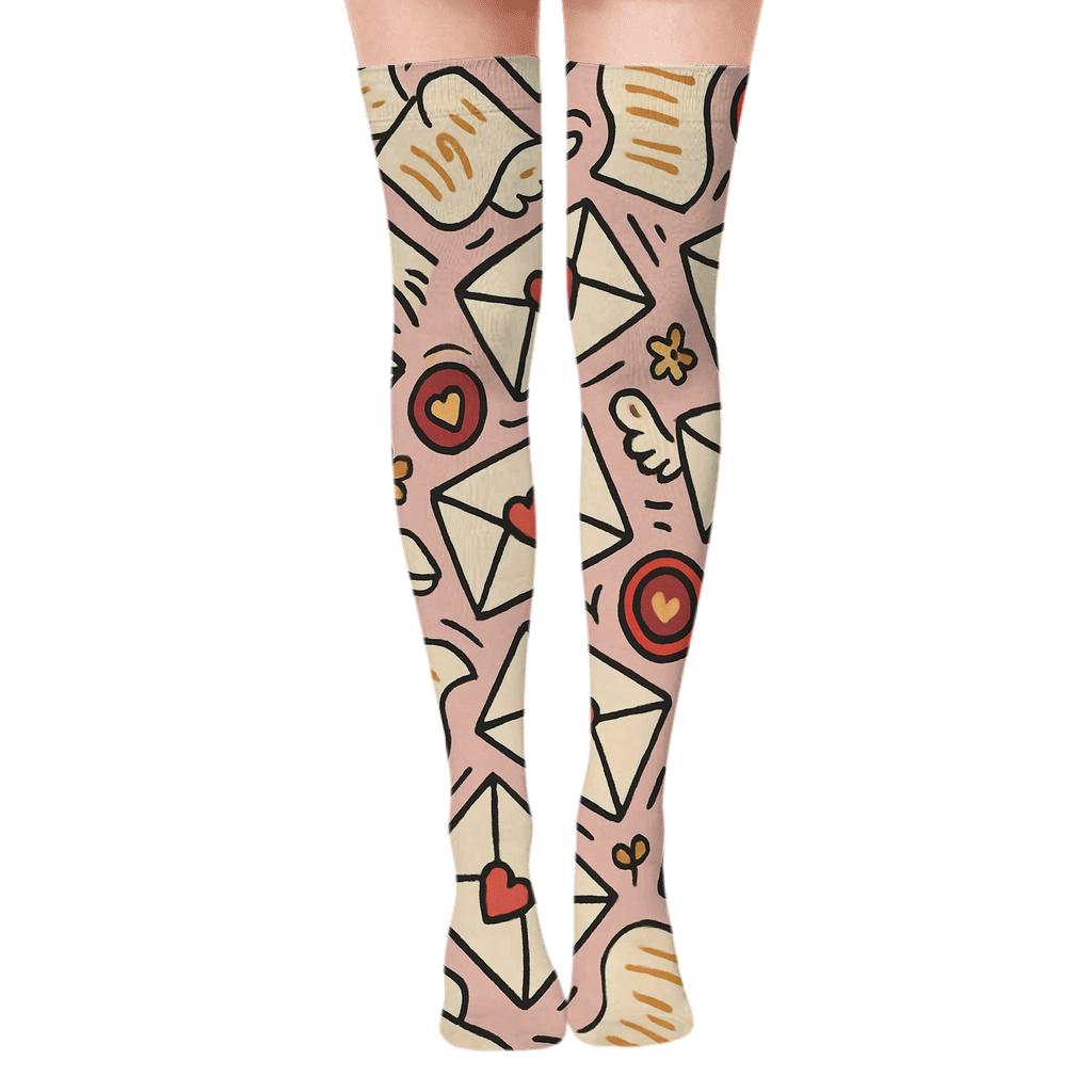 Valentines Love Letter Envelope Flying Hearts Tessellation comfortable cotton over-the-knee socks