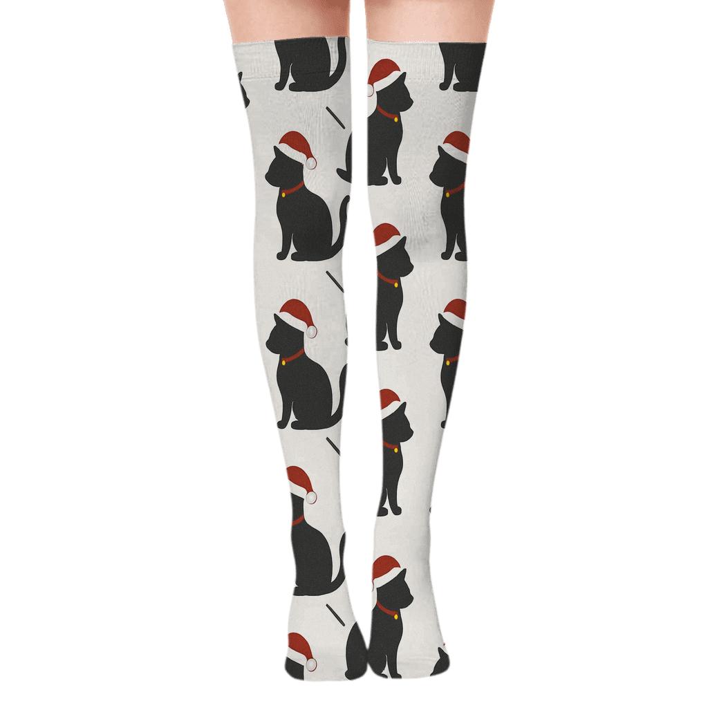 Minimal Santa Cat Silhouette Lattice On White Background premium cozy over-the-knee socks