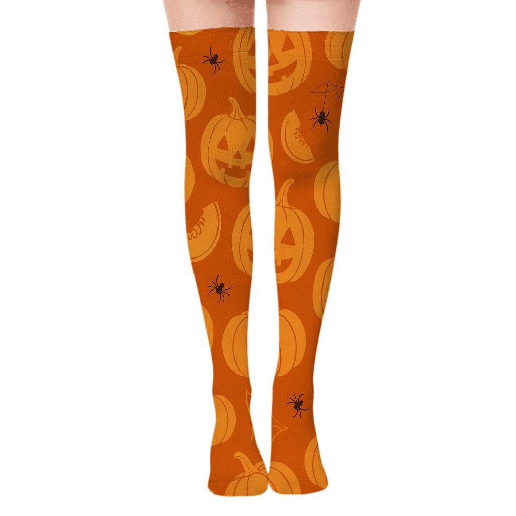 Orange Pumpkin Patch Scatter On Orange Background designer print over-the-knee socks