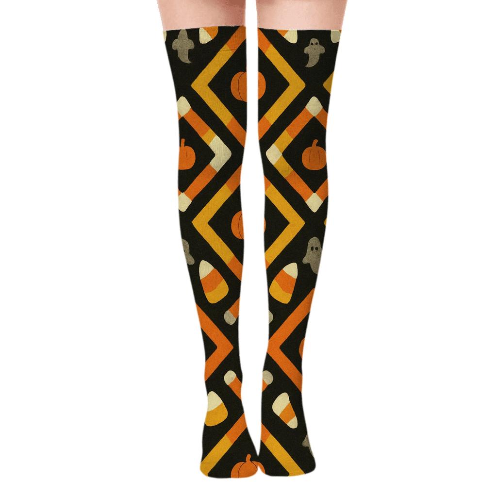 Orange Candy Corn Diamond Tile On Black Background personalized over-the-knee socks