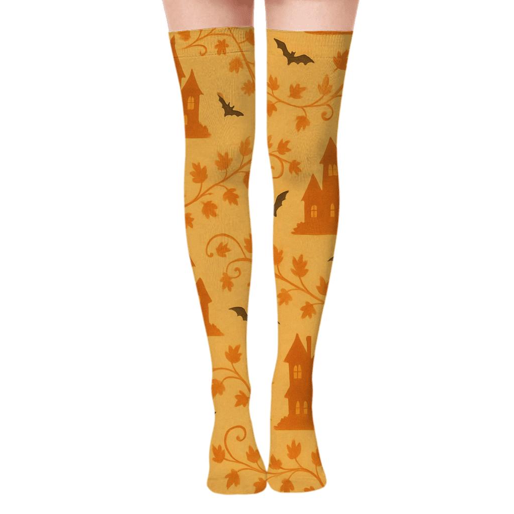 Haunted House Silhouette And Orange Leaf Drift On Orange Background comfortable cotton over-the-knee socks