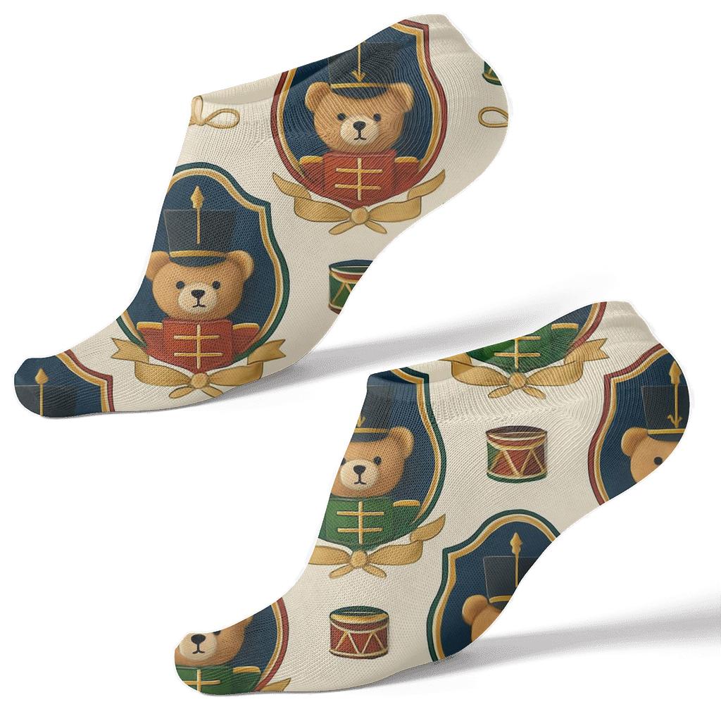 Nutcracker Bear Badge Repeat On Ivory Background designer print ankle socks
