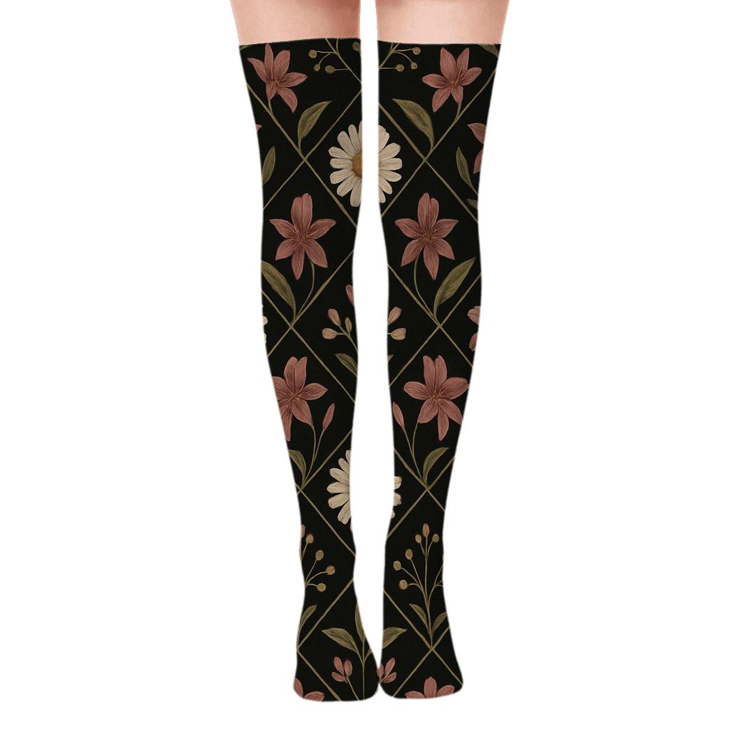 Vintage Wildflower Herbarium Lattice On Black Background custom over-the-knee socks