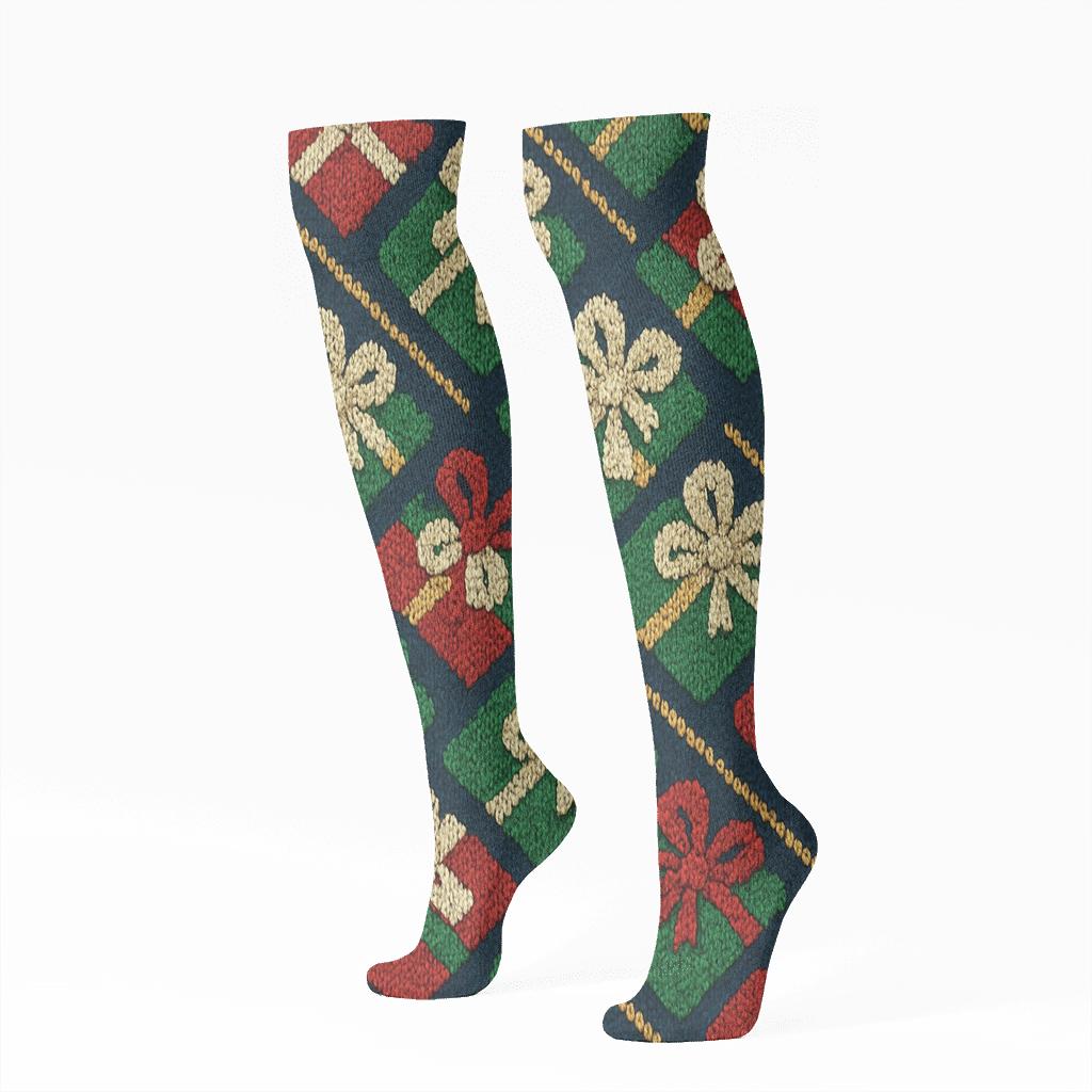 Ribbon Lattice Presents Pattern comfortable cotton knee-high socks