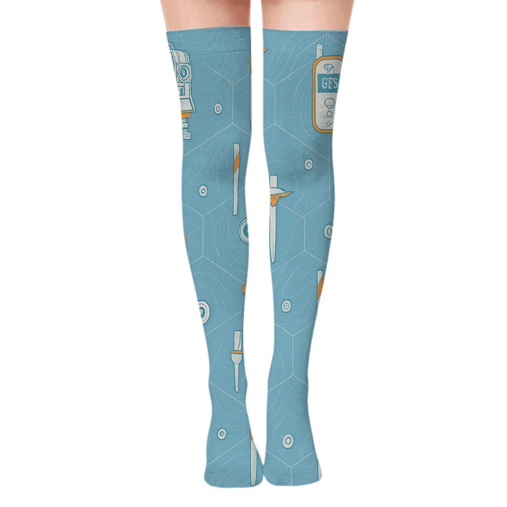 Contour Line Lattice With Surveyor Icons designer print over-the-knee socks