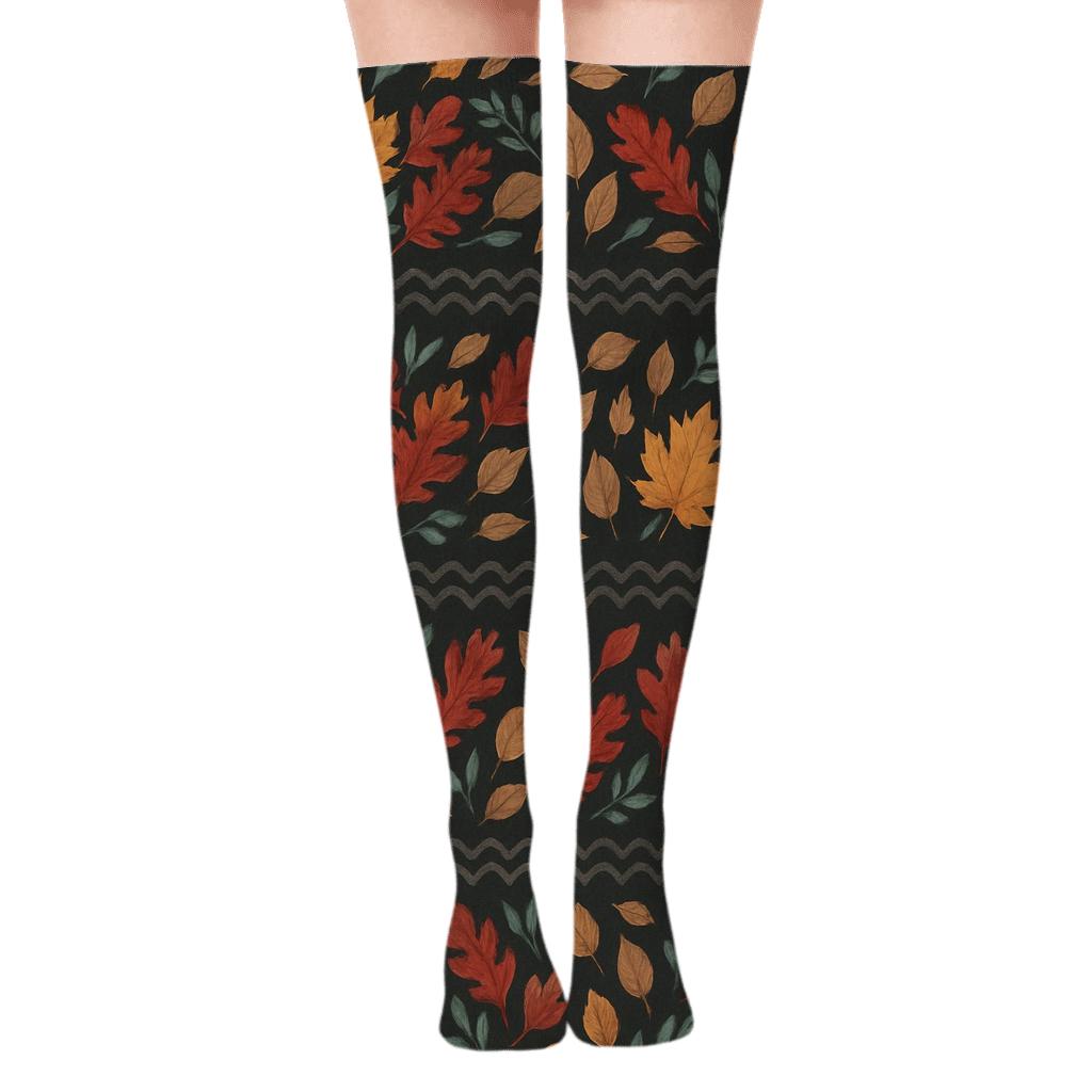 Watercolor Leaf Banded Weave On Charcoal Background custom over-the-knee socks
