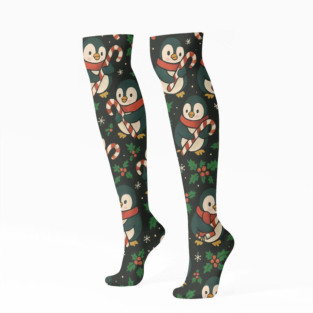 Emerald Penguin Candy Cane Tessellation On Black Background unique graphic knee-high socks