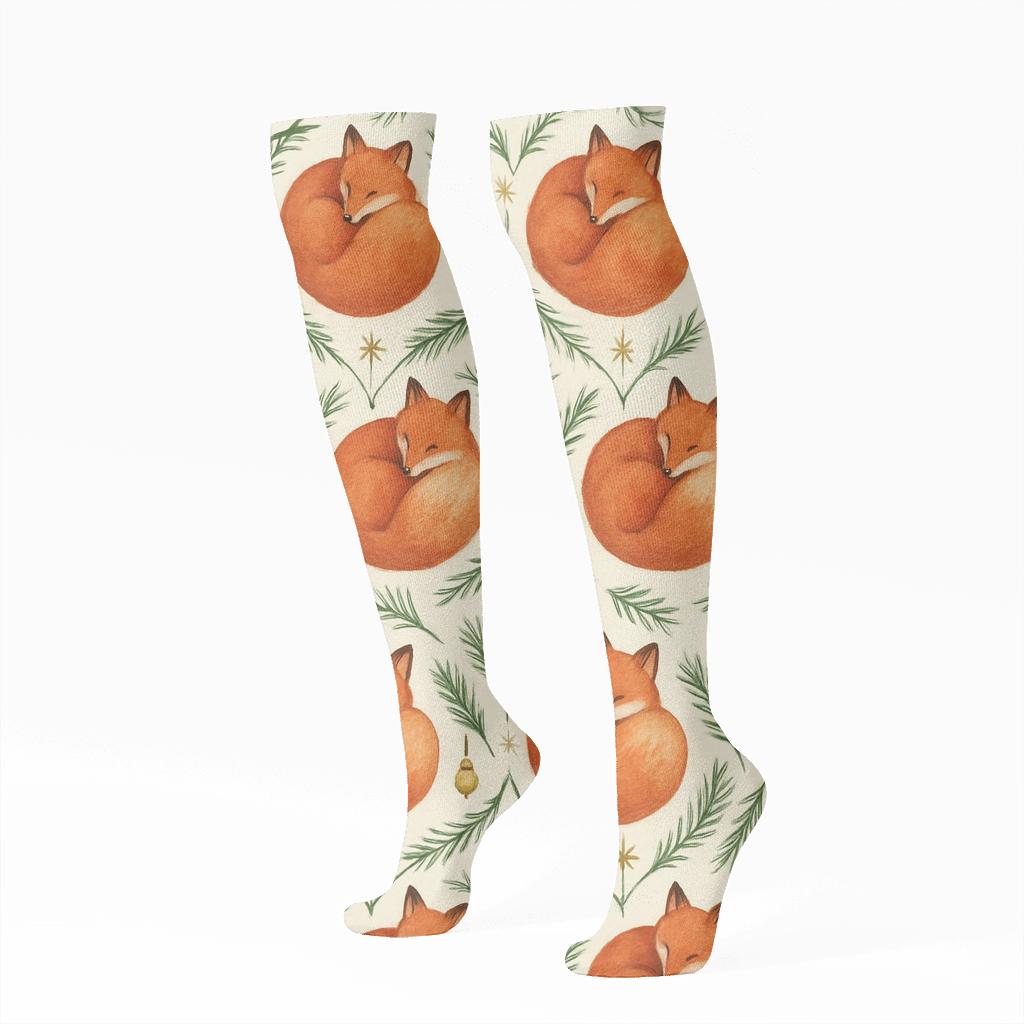 Red Fox Ornament Lattice On Ivory Background custom knee-high socks