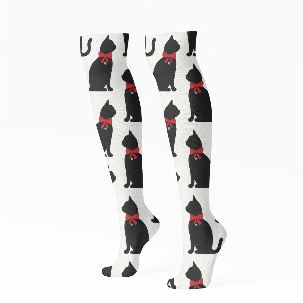 Minimal Cat Sleigh Bell Stripe Repeat On White Background trendy patterned knee-high socks