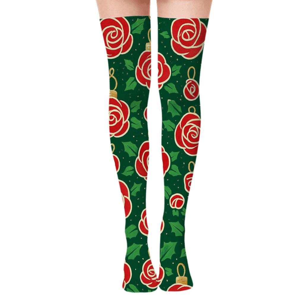 Crimson Rose Ornament Lattice On Pine Green Background designer print over-the-knee socks