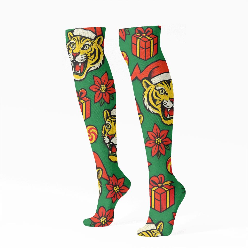 Pop Art Tiger Poinsettia Burst Scatter On Green Background designer print knee-high socks