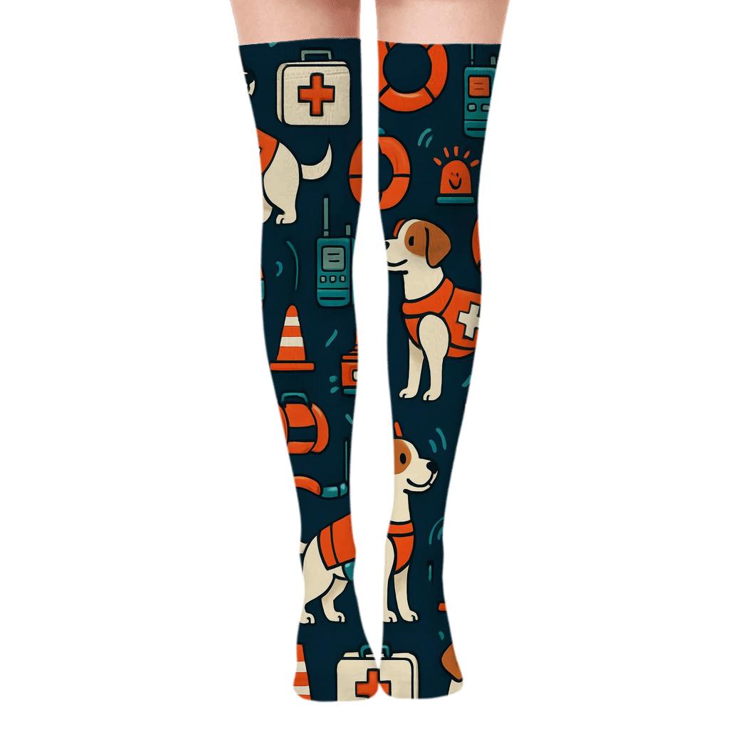 Rescue Dogs And Gear Grid With Search And Rescue Worker Motifs stylish fashion over-the-knee socks