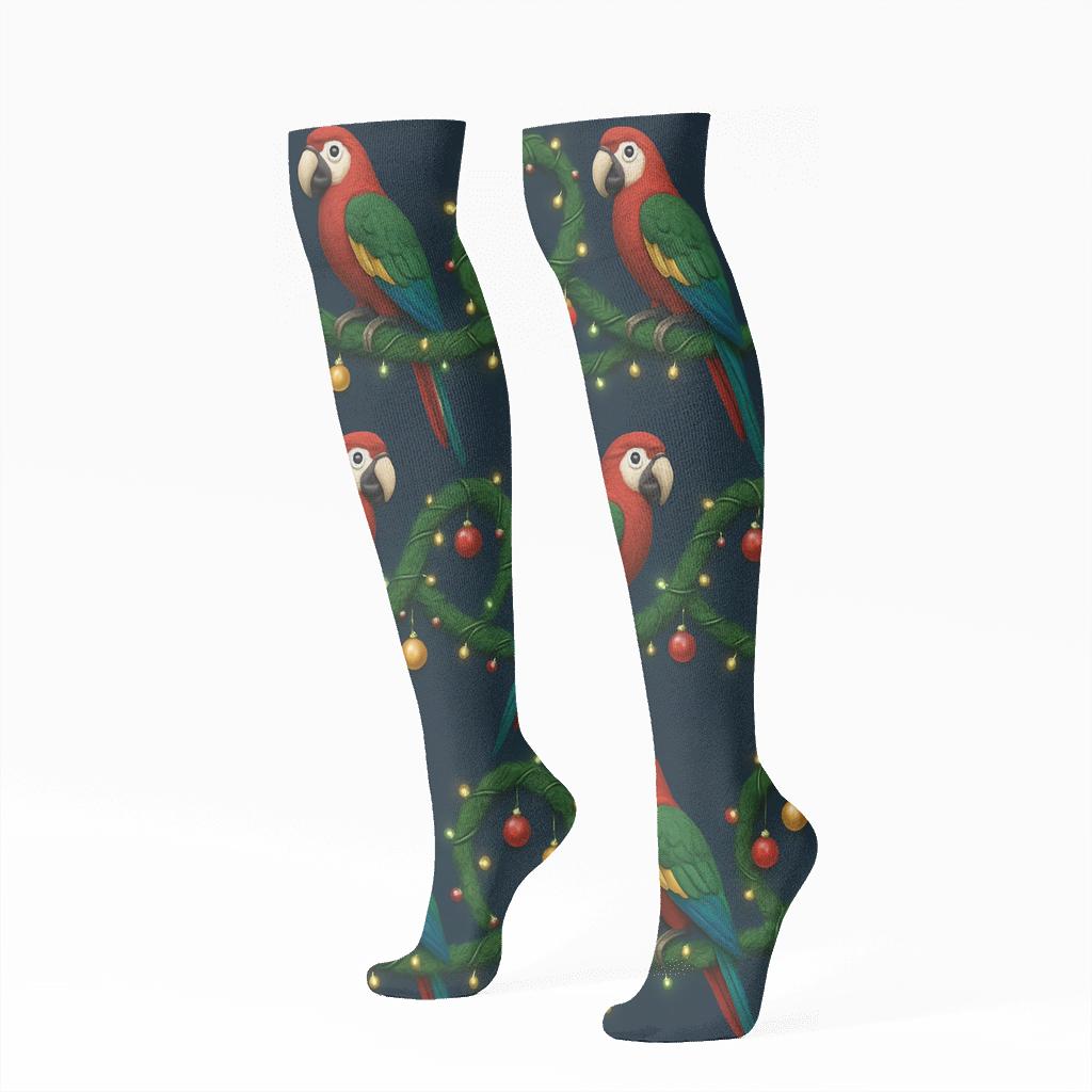 3D Parrot Garland Chain Repeat On Navy Blue Background stylish athletic knee-high socks