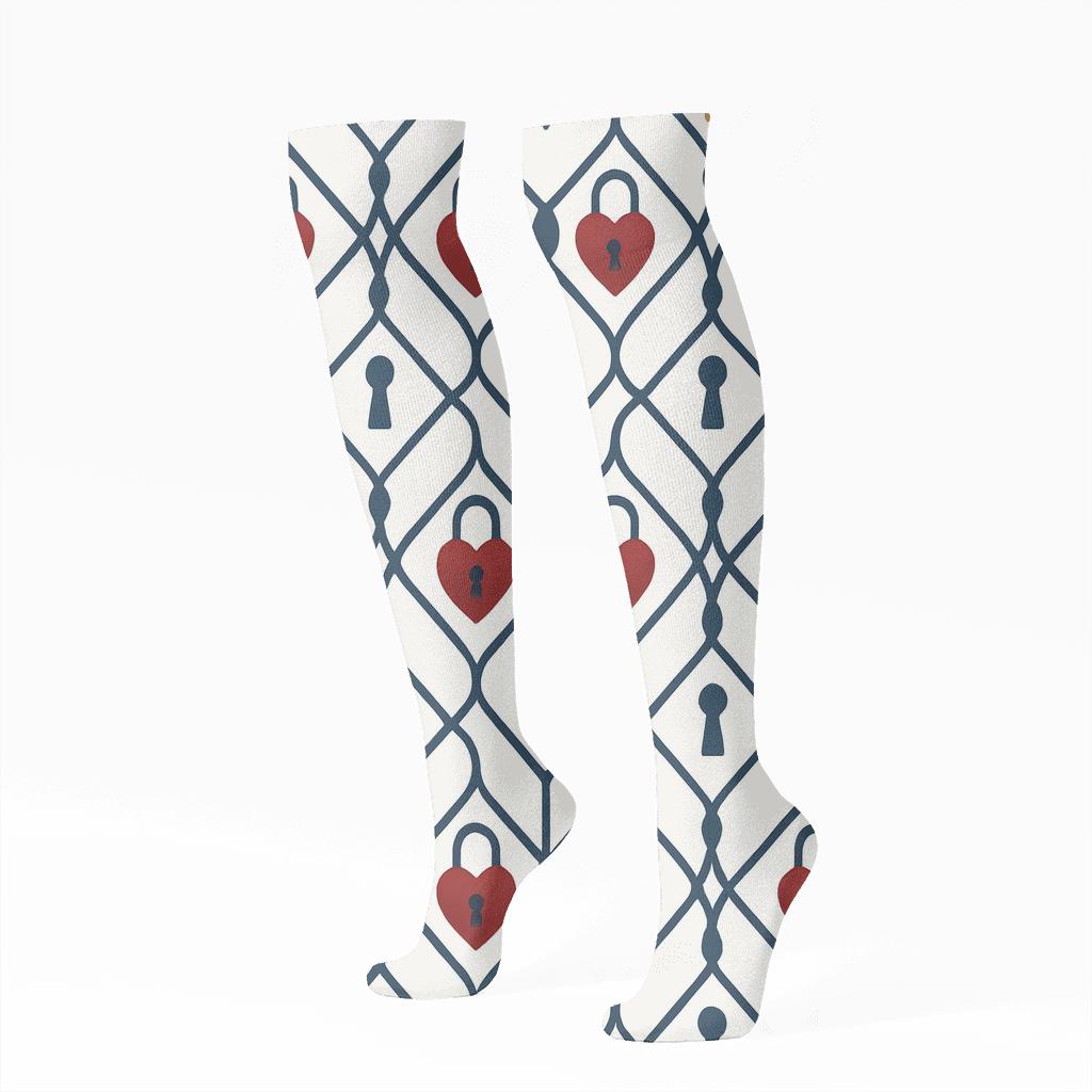 Keyhole Lattice With Heart Lock And Key Motifs unique graphic knee-high socks