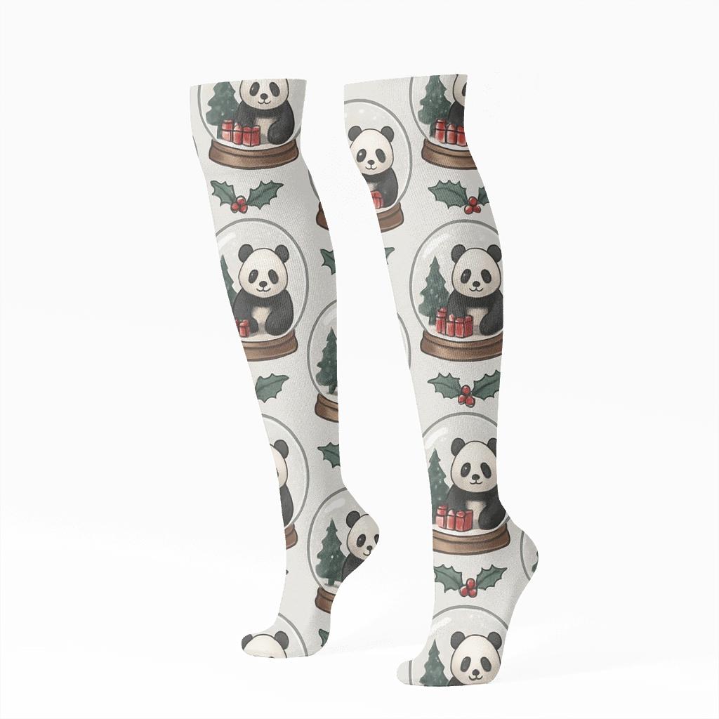 Panda Snow Globe Medallions On Light Gray Background stylish athletic knee-high socks