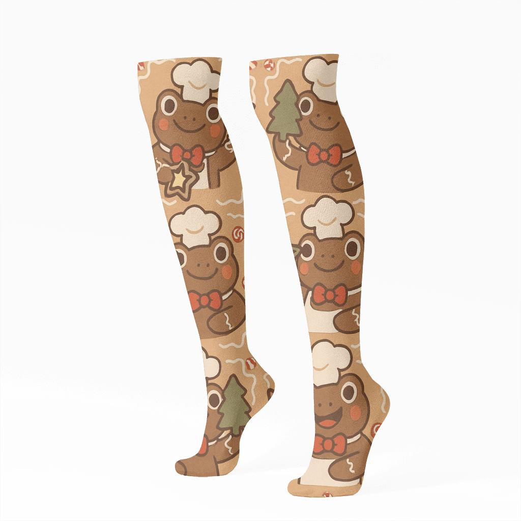 Frog Gingerbread Tilework On Tan Background trendy patterned knee-high socks