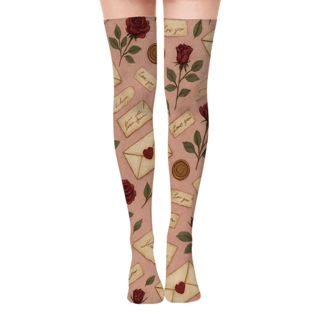 Vintage Postcard Repeat With Heart Seals And Valentines Love Letter Envelope stylish fashion over-the-knee socks