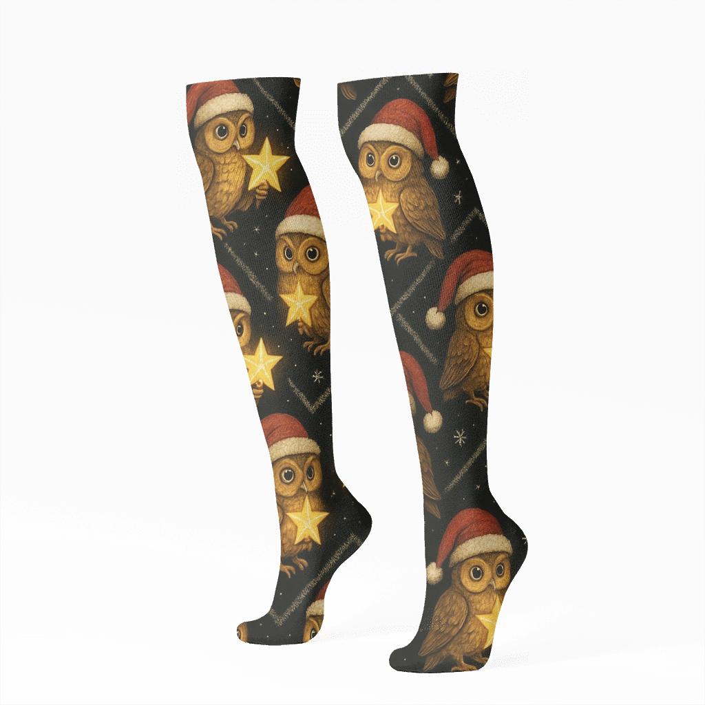 Owl Star Topper Chevron Repeat On Black Background custom knee-high socks