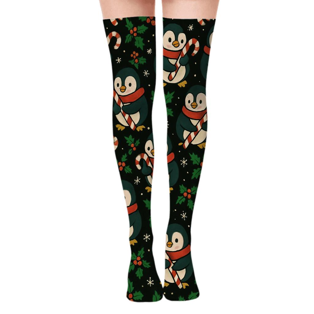 Emerald Penguin Candy Cane Tessellation On Black Background trendy patterned over-the-knee socks