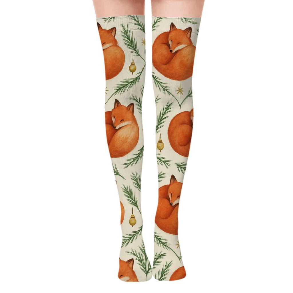 Red Fox Ornament Lattice On Ivory Background unique graphic over-the-knee socks