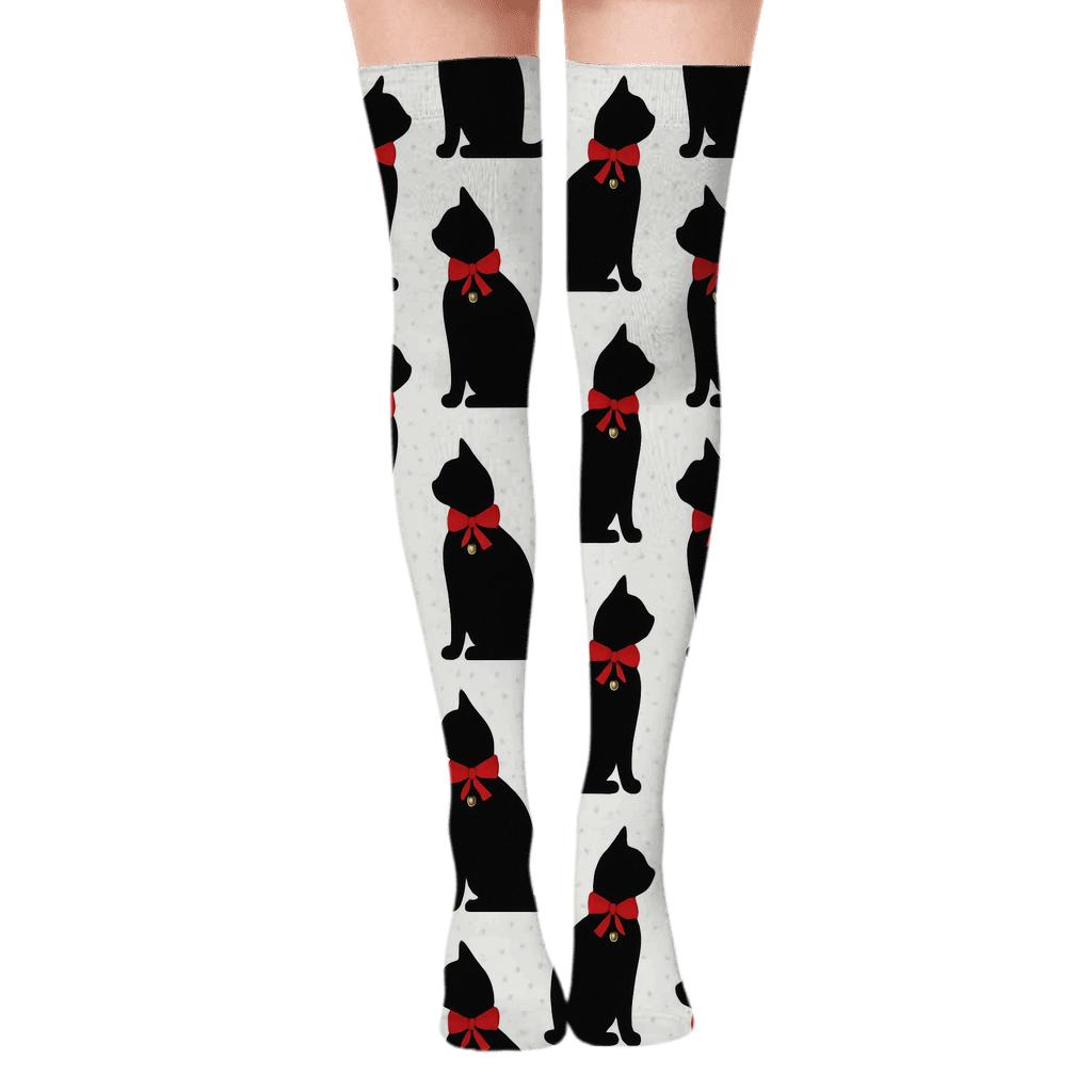 Minimal Cat Sleigh Bell Stripe Repeat On White Background stylish fashion over-the-knee socks