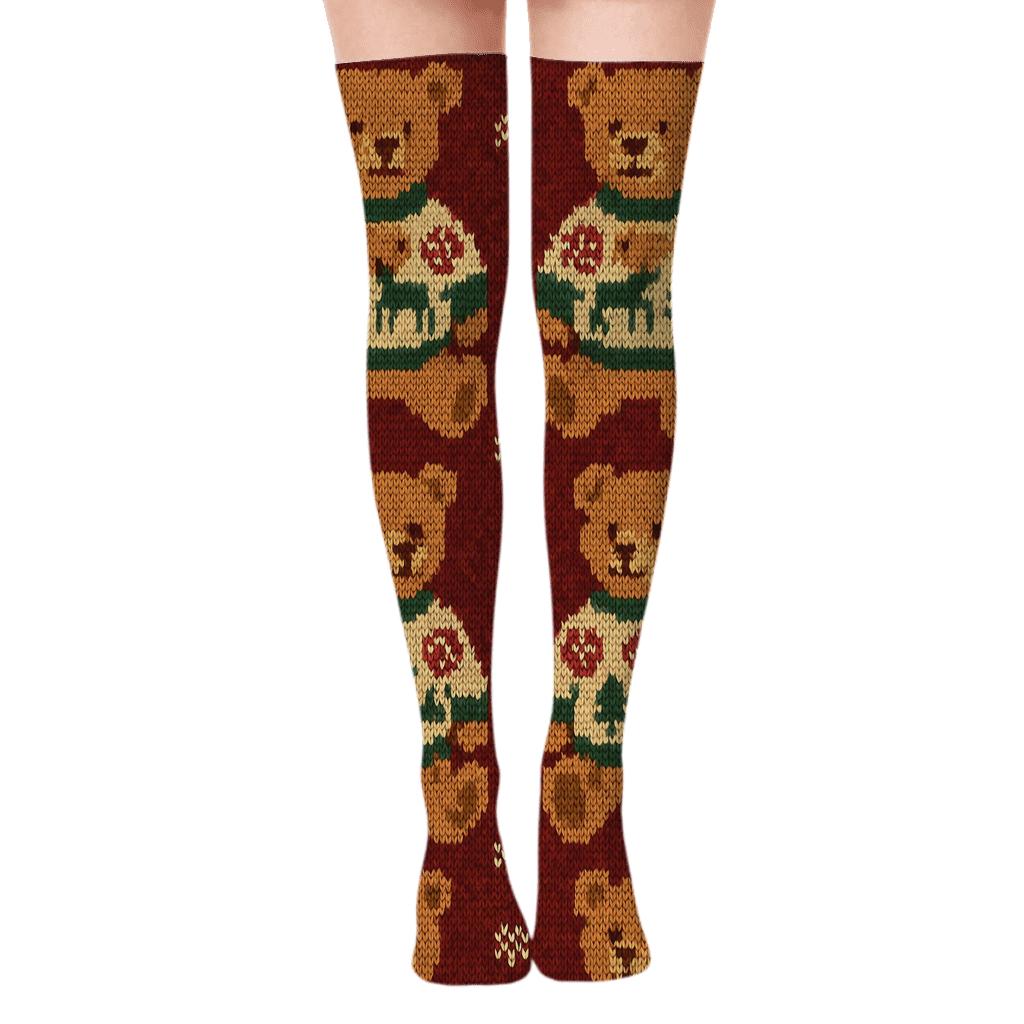 Cozy Knitted Bear Sweater Grid On Burgundy Background designer print over-the-knee socks