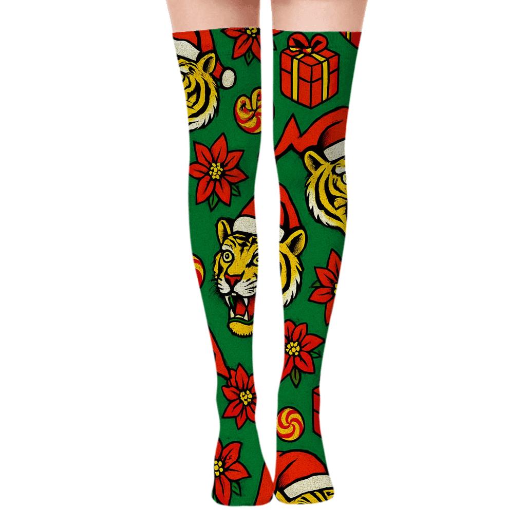 Pop Art Tiger Poinsettia Burst Scatter On Green Background premium cozy over-the-knee socks