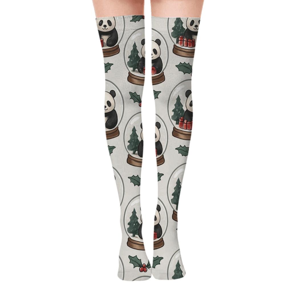 Panda Snow Globe Medallions On Light Gray Background unique graphic over-the-knee socks