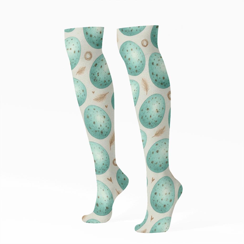 Robin Egg Oval Scatter With Feather Sprigs On Light Gray Background stylish athletic knee-high socks