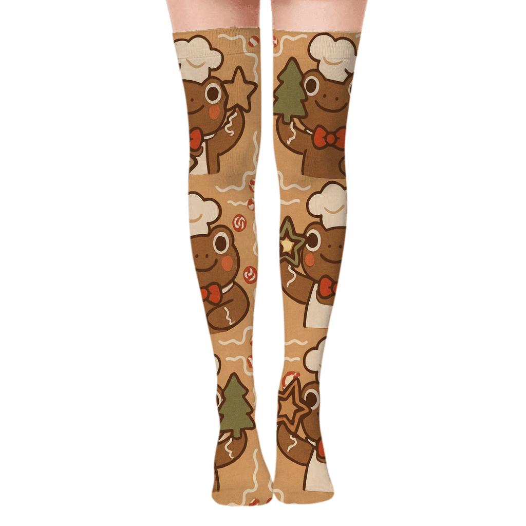 Frog Gingerbread Tilework On Tan Background custom over-the-knee socks