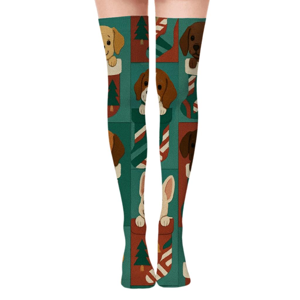 Dog Stocking Patchwork Repeat On Teal Background soft everyday over-the-knee socks