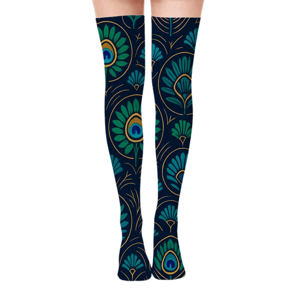 Peacock Eye Feather Medallion Tiles On Midnight Navy Background trendy patterned over-the-knee socks