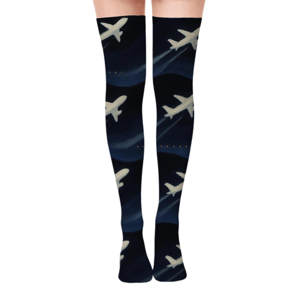 Airplane Takeoff Wave On Night Sky premium cozy over-the-knee socks