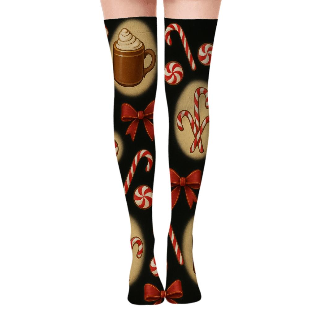 Candy Canes Vignette Wrap Pattern With Cocoa Mugs On Black custom over-the-knee socks