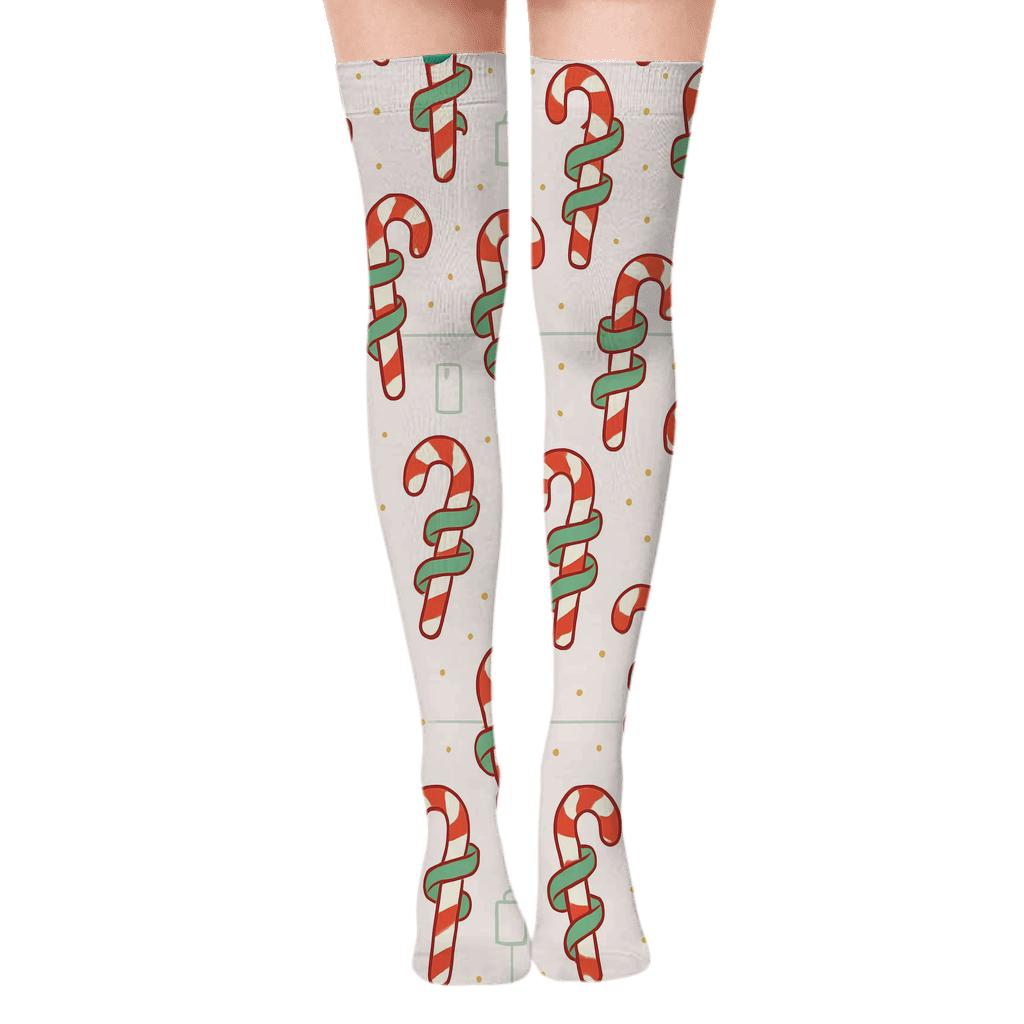 Candy Canes Ribbon Wrapped Spiral Grid In Lavender Tint premium cozy over-the-knee socks